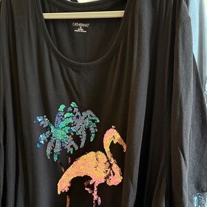 Catherines sequins palm tree flamingo black tee 5 x. Just so cute! NWOT. Vacay!